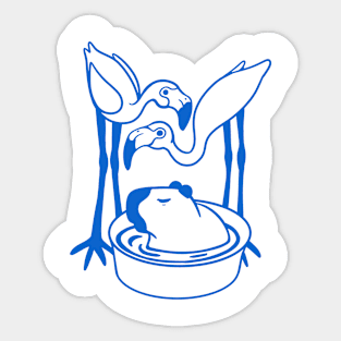 Capybara and flamingos bath time in blue ink Sticker